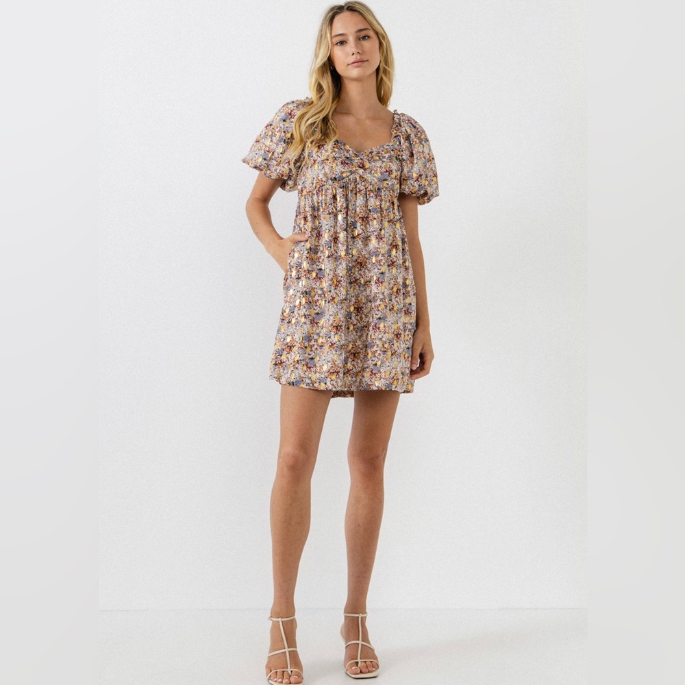 FREE THE ROSES FLORAL WITH GOLD PRINT BABYDOLL DRESS Size XS